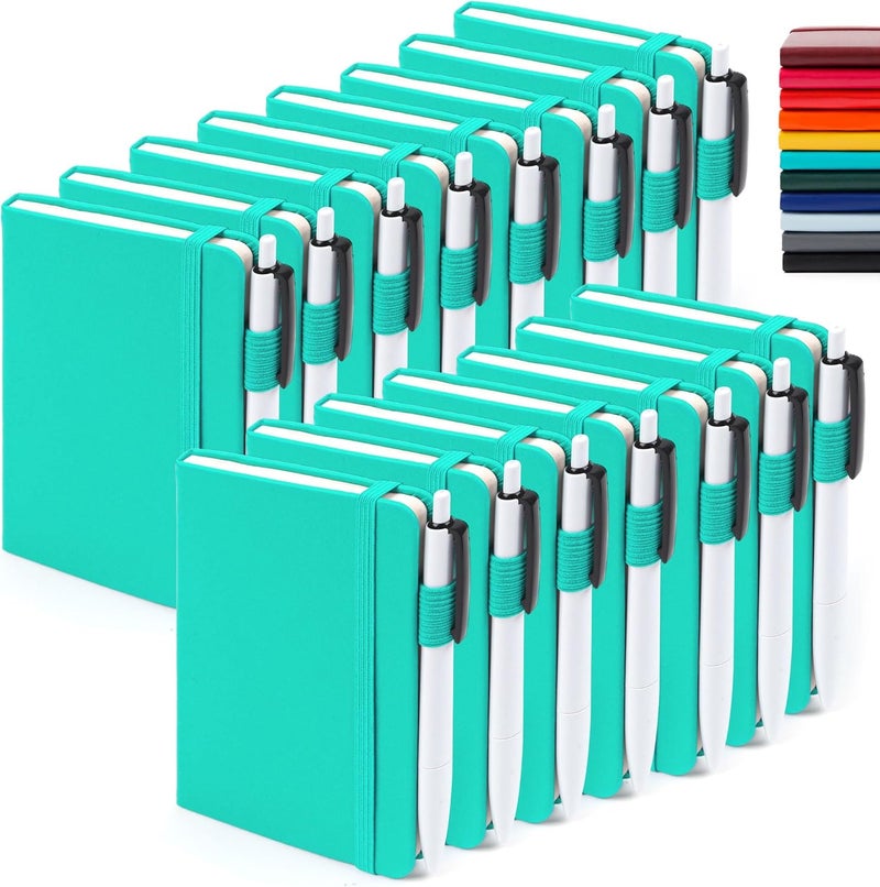 Feela 15 Pack Pocket Small Notebooks Bulk, Mini Cute Memo Notepads Hardcover College Ruled Lined Journals with Pen Holder for Women Girls Office School, with 15 Black Pens, 3.5”x 5.5”, A6, Aqua - Image 1